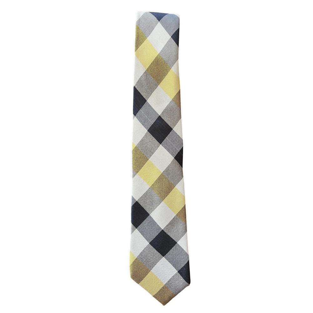 Tommy Hilfiger Mens Silk Tie Navy Blue Yellow Grey Gingham Check Plaid RN 121148
